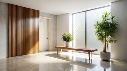 Modern Minimalist Entrance Hall Design: Wooden Bench, Simple Interior, Clean Lines