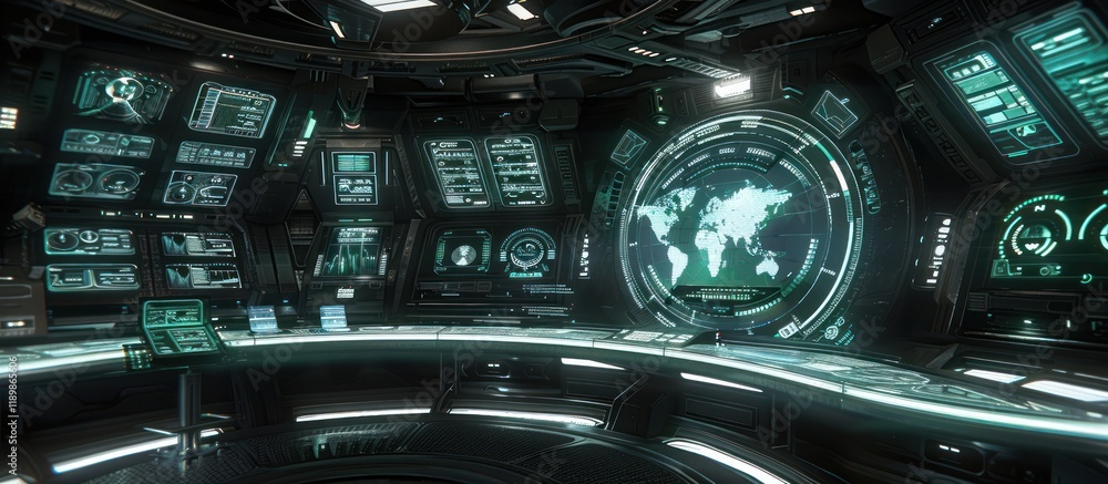 Poster futuristic control room interior with holographic displays showing a world map and various data read