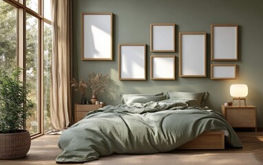 Minimalist Bedroom Interior with Olive Green Duvet and Wooden Furniture in Bright Natural Light