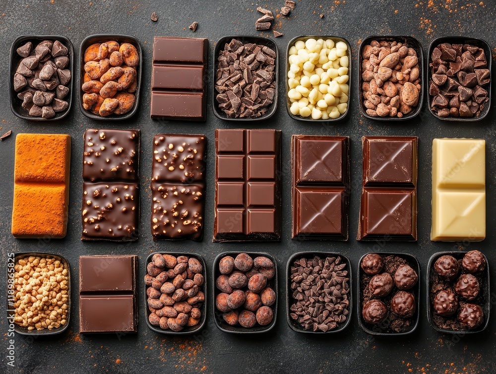 Poster various types of chocolate and cocoa products arranged in trays.