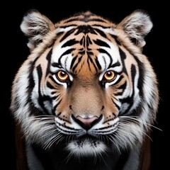 Obraz premium Powerful and intense close-up of a tiger with piercing eyes, its expression fierce as it stares directly at the viewer, surrounded by a dark backdrop to emphasize its strength and wild nature