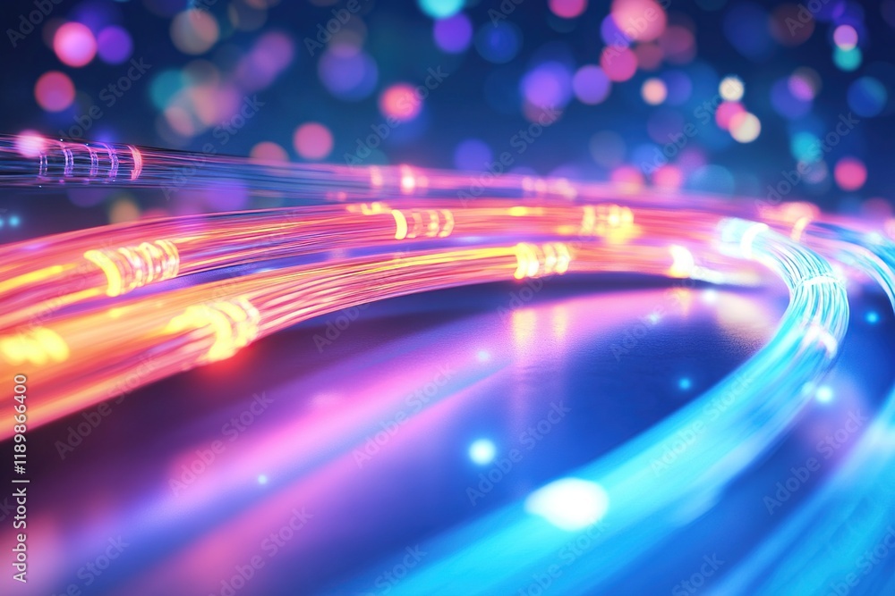 Poster illuminating fiber optics: a visual journey into network technology's vibrant core, showcasing data 