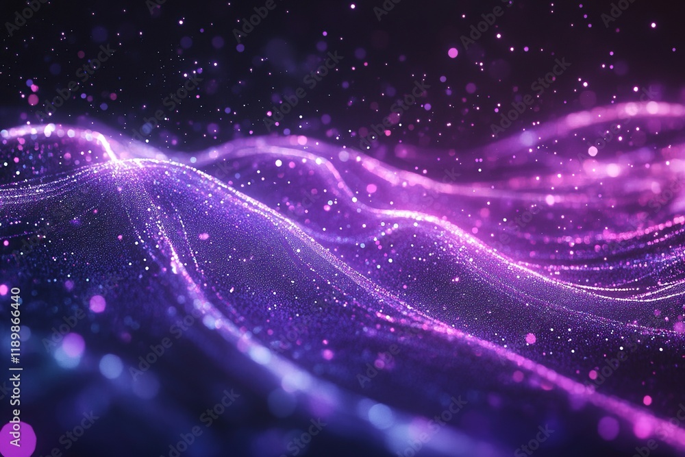 Poster purple particles flow and glitter dynamically in dark space