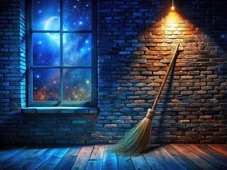 Night Photography: Rustic Brick Wall, Broom, Window, Dark Room, Interior Scene