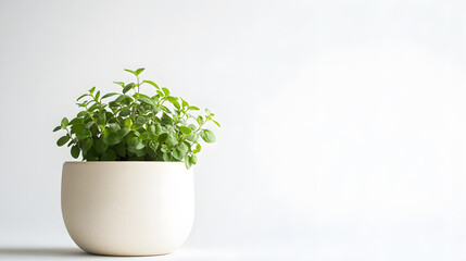 A vibrant oregano plant thrives in a simple, off-white pot against a clean white background.  The image evokes freshness and minimalist aesthetics.