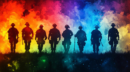 The silhouette of first responders firemen on a rainbow smoke background celebration DEI diversity inclusion concept