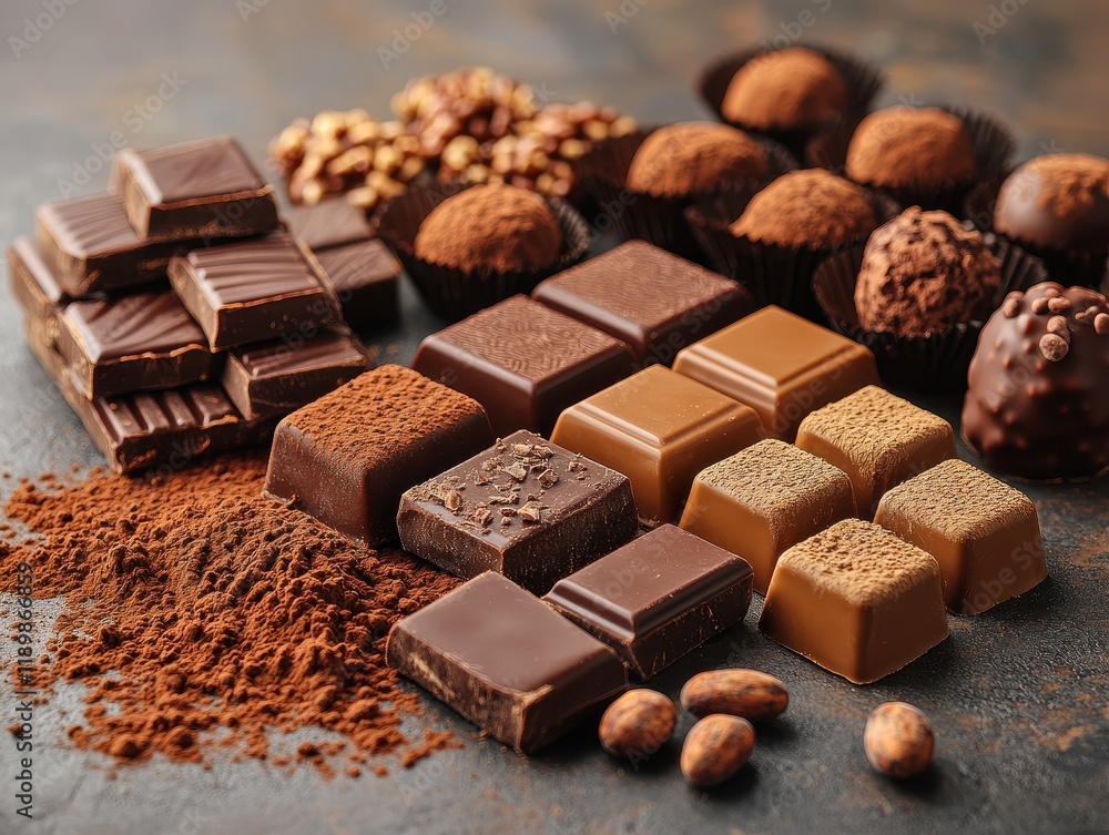 Poster an assortment of chocolates and cocoa arranged artistically.
