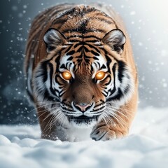 A powerful tiger with glowing eyes walking through snow, showcasing its strength and intensity in a dynamic, action-filled shot