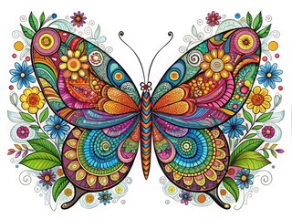 Panoramic Coloring Page: Monochrome Butterfly & Floral Design, Anti-Stress Adult Coloring Book, Hand-Drawn Butterflies, Black and White Illustrations