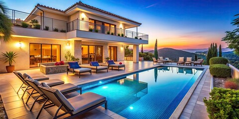 Panoramic Luxury Villa: Azure Pool, Mediterranean Escape, Sunbeds, Modern Design