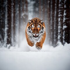 Action shot of a tiger sprinting through a snowy forest, with glowing orange eyes, capturing its speed and strength in the wild environment