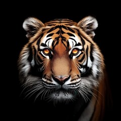 Fototapeta premium Close-up portrait of a tiger with intense gaze and glowing blue eyes, isolated on a dark background