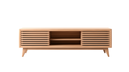 Modern oak wood media console with slats, isolated on transparent background