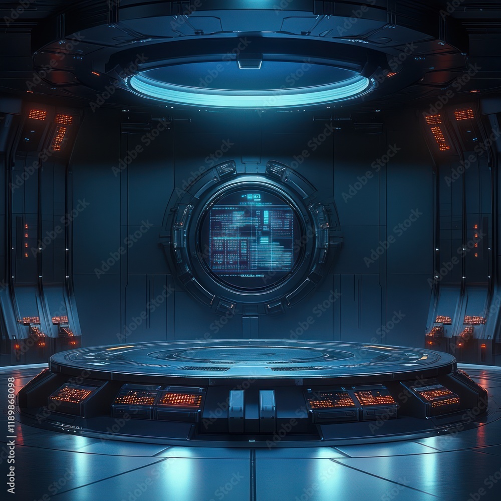 Poster futuristic control room with holographic display circular platform and ambient blue light for techno