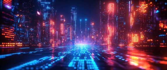 Futuristic Cyberpunk Landscape with Binary Code Illuminated by Neon Lights