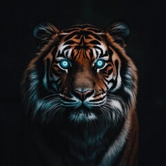 Fototapeta premium Close-up image of a tiger with bright blue eyes, portraying a calm yet intense look, highlighting its beautiful fur and face