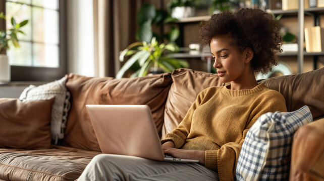 A beautiful African American woman sitting on a couch and working on her laptop or checking social media, studying, or online shopping. Teenager.