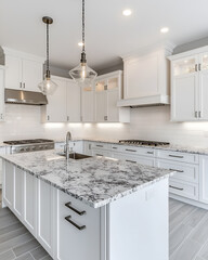 Minimalist kitchen design with white cabinets, sleek countertops, and hanging pendant lights, mock up ready. Resident and Apartment Mockup and concept