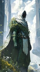 Fototapeta premium Mystical Hooded Figure in a Post-Apocalyptic Landscape