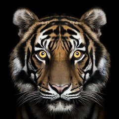 Fototapeta premium Close-up of a tiger’s face with bold orange and black stripes and piercing yellow eyes staring directly at the viewer