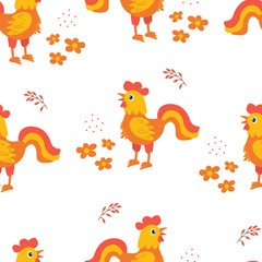 Colorful chicken pattern design with flowers and vibrant colors for diverse applications