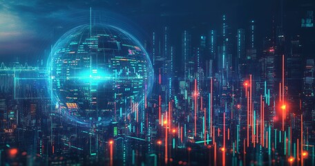 Futuristic Cityscape with Stock Market Graphs and Digital Visualizations