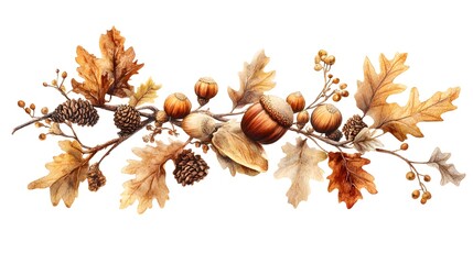 Autumnal Branch with Acorns Leaves and Pinecones