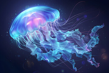 Obraz premium Graceful Bioluminescent Jellyfish in Underwater Vector Illustration - Majestic Ocean Life
