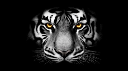 Obraz premium Digital illustration of a tiger’s face with glowing yellow eyes on a black background, with intricate details
