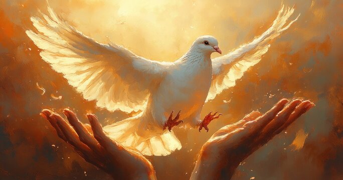 White Dove Soaring Above Open Hands Symbolizing Freedom Hope Peace and Prayer at Sunset
