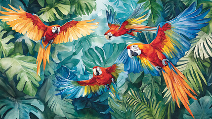 A vibrant watercolor of macaws in flight with a backdrop of lush tropical leaves 
