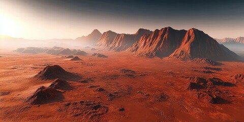 Naklejka premium Martian Landscape with Towering Mountains and Dust Storm at Sunset