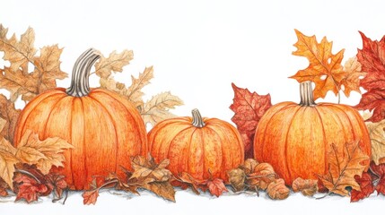 Autumn pumpkins, oak leaves, acorns border, fall harvest, greeting card