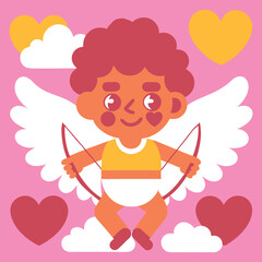 Smiling Cupid with wings and heart-shaped bow in the clouds. Cartoon illustration on a pink background for Valentine's Day greeting card or banner