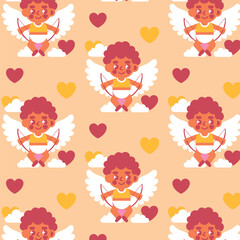 Seamless pattern of Cupids with bows, hearts, and clouds on a pink background. Valentine's Day cartoon design for cards, banners, and wallpaper