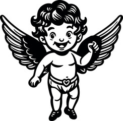 Happy cherub with wings and heart-shaped belt buckle. Black and white line art illustration for Valentine's Day design