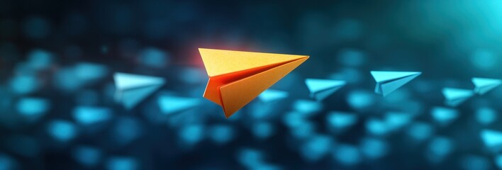 Leadership in Action: Yellow Paper Plane Leading White Team in Minimalist Design