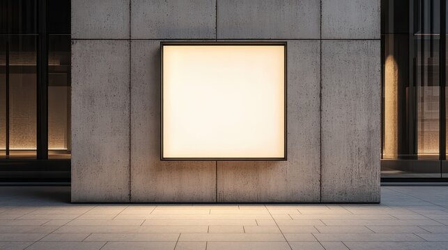 The square light box, featuring an empty display, is mounted on a beige concrete wall outdoors. This mockup emphasizes a clean and versatile space for showcasing advertisements or information.