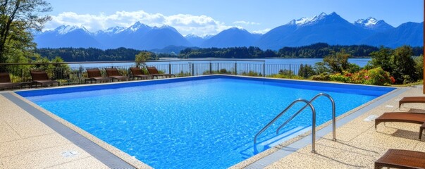Fototapeta premium Mountain lake view poolside relaxation. Summer vacation getaway