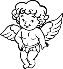 Illustration of smiling cherub with wings in black and white. Vintage-style line art for Valentine's Day greeting card or coloring page