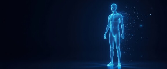 Digital Blueprint of Humanity: Exploring the Intersection of Biotech and AI Through a Glowing Wireframe Silhouette of the Human Form in a Futuristic Realm