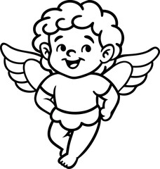 Smiling cherub with angel wings in black and white. Line art illustration for Valentine's Day. Design for coloring pages and decorative projects