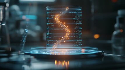 DNA Strand in a Glass Beaker on a Futuristic Lab Table