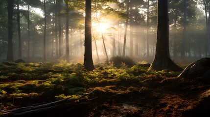 Sunrise through misty forest floor, sunlight beams, ferns, tranquil scene