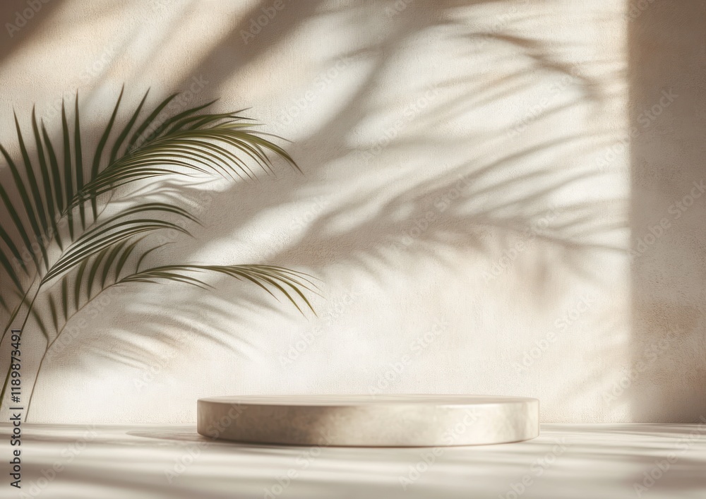 Poster minimalist still life circular platform natural palm leaf shadows neutral background scandinavian de