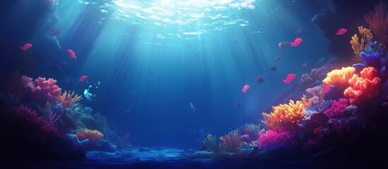 Captivating underwater scene showcasing a vibrant and colorful coral reef teeming with diverse marine life  The deep blue ocean water is illuminated by shimmering rays of light