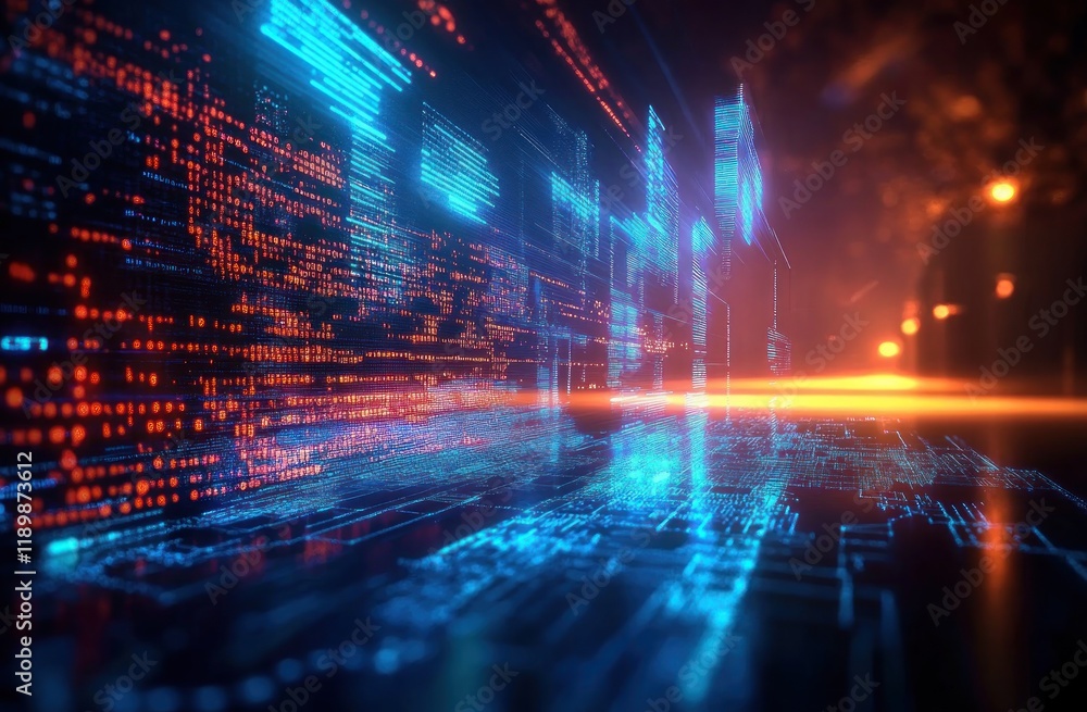 Aufkleber Futuristic Digital Landscape Flowing Code and Abstract Geometric Shapes Cyberpunk Art Style