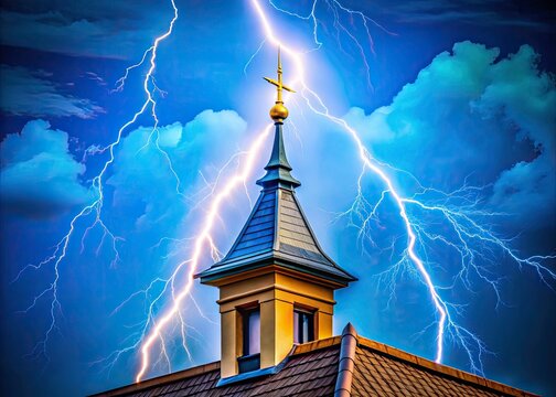 Stunning Blue Sky Architectural Photo: Lightning Rod Roof Protection