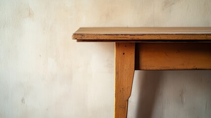 A close-up shot of a vintage wooden table or shelf in an empty interior design setting conveys a sense of nostalgia and simplicity 
