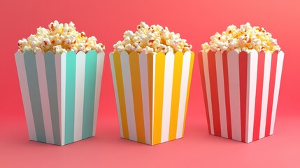 Three colorful 3D-rendered images of a cartoon-style popcorn box set against diverse backgrounds.